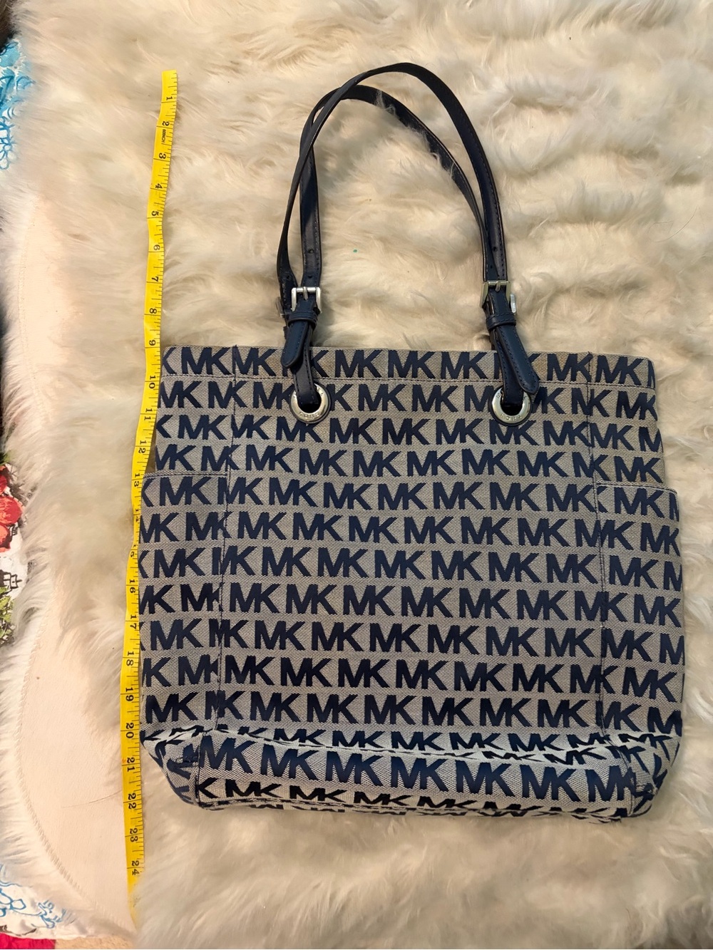 Michael Kors Beige Logo-Print Interior Tote with Navy Trim